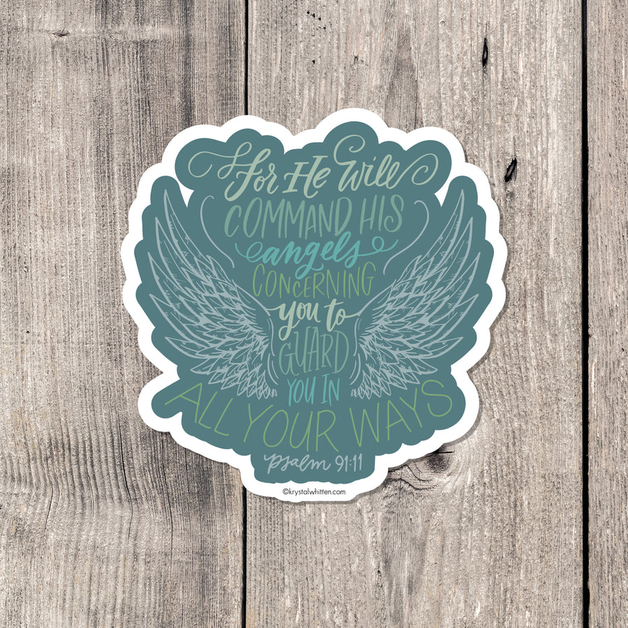 "He will command his angels concerning you" sticker card